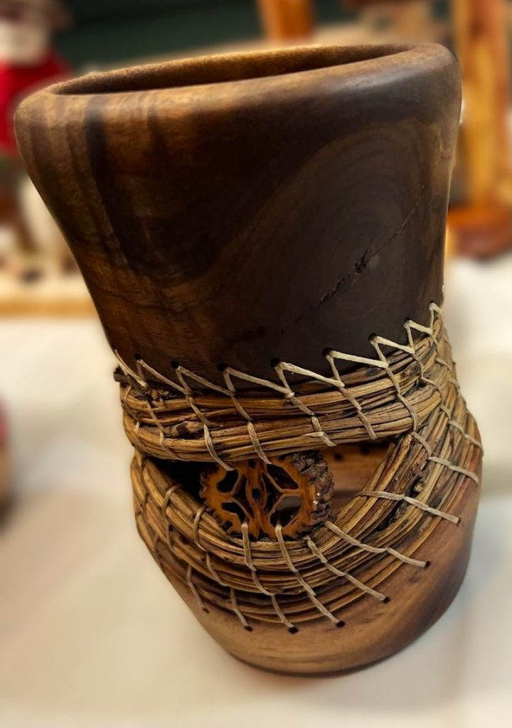 Walnut Vase with Walnut Stem Stitching turned by Ed Hebda, Central Wisconsin Wood Turners